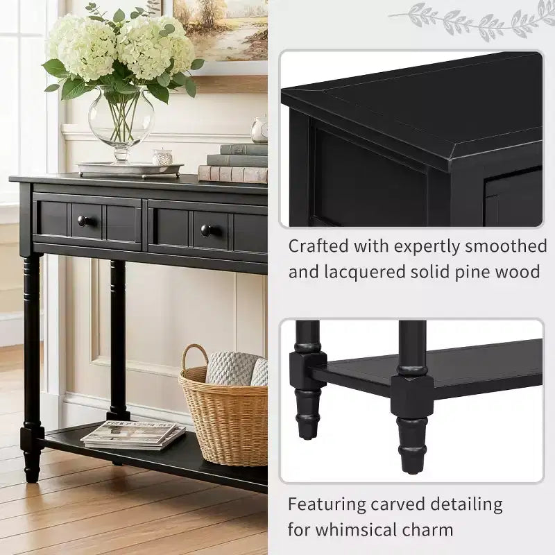 Table console traditionnelle de 35.4 avec tiroirs et étagère, table d’entrée vintage en pin, table de canapé compacte pour salon ou couloir – Panipeachy