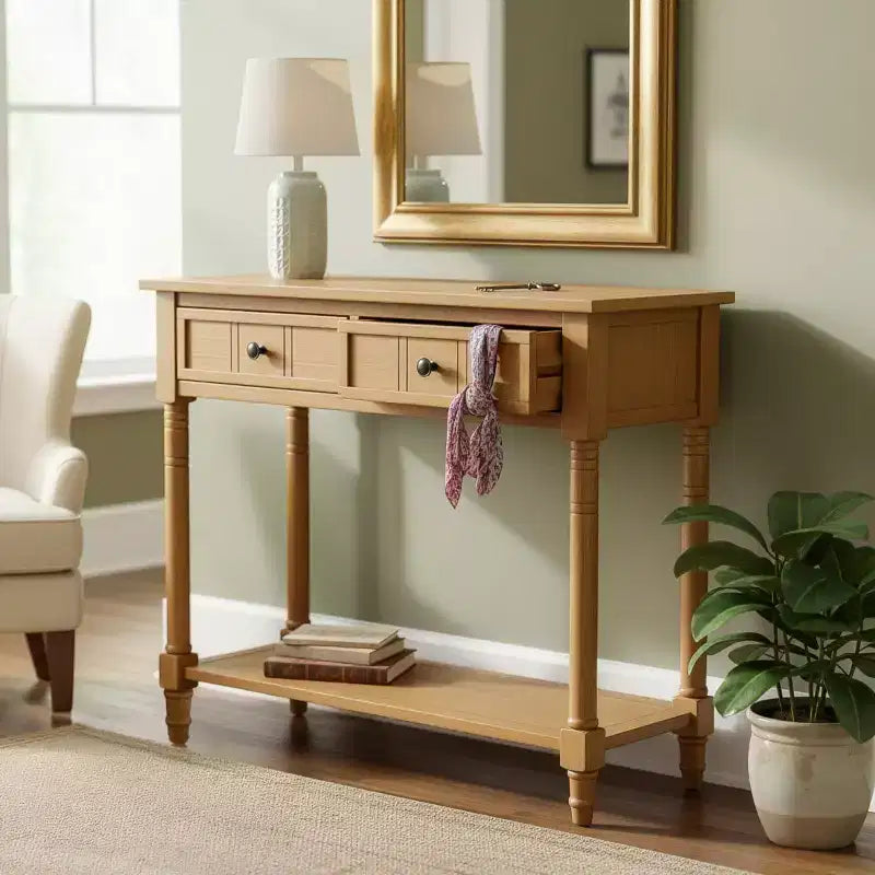 Table console traditionnelle de 35.4 avec tiroirs et étagère, table d’entrée vintage en pin, table de canapé compacte pour salon ou couloir – Panipeachy