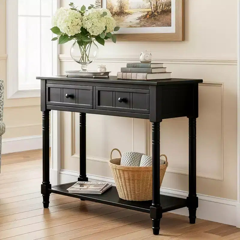 35.4 Traditional Console Table with Drawers and Shelf, Vintage Pine Entryway Table, Compact Sofa Table for Living Room or Hallway-Panipeachy