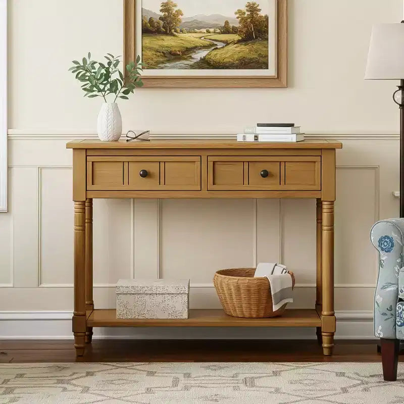 Table console traditionnelle de 35.4 avec tiroirs et étagère, table d’entrée vintage en pin, table de canapé compacte pour salon ou couloir – Panipeachy