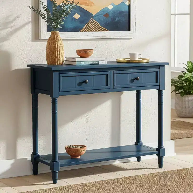 Table console traditionnelle de 35.4 avec tiroirs et étagère, table d’entrée vintage en pin, table de canapé compacte pour salon ou couloir – Panipeachy