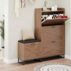 Hidden Shoe Storage with 4 Flip Drawers, Wooden Shoe Organizer Cabinet with Farmhouse Doors Brown