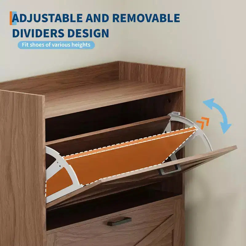 Hidden Shoe Storage with 4 Flip Drawers, Wooden Shoe Organizer Cabinet with Farmhouse Doors Brown