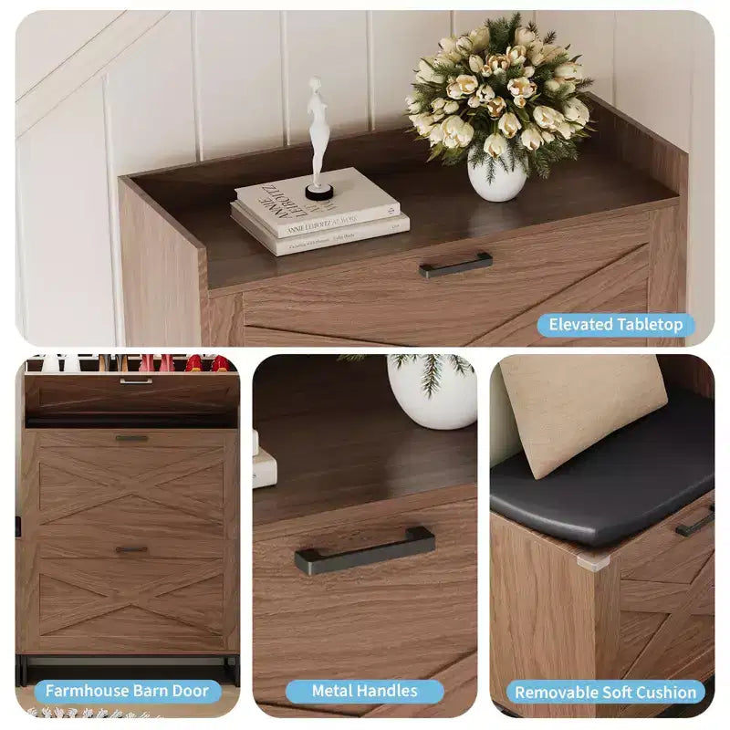 Hidden Shoe Storage with 4 Flip Drawers, Wooden Shoe Organizer Cabinet with Farmhouse Doors Brown