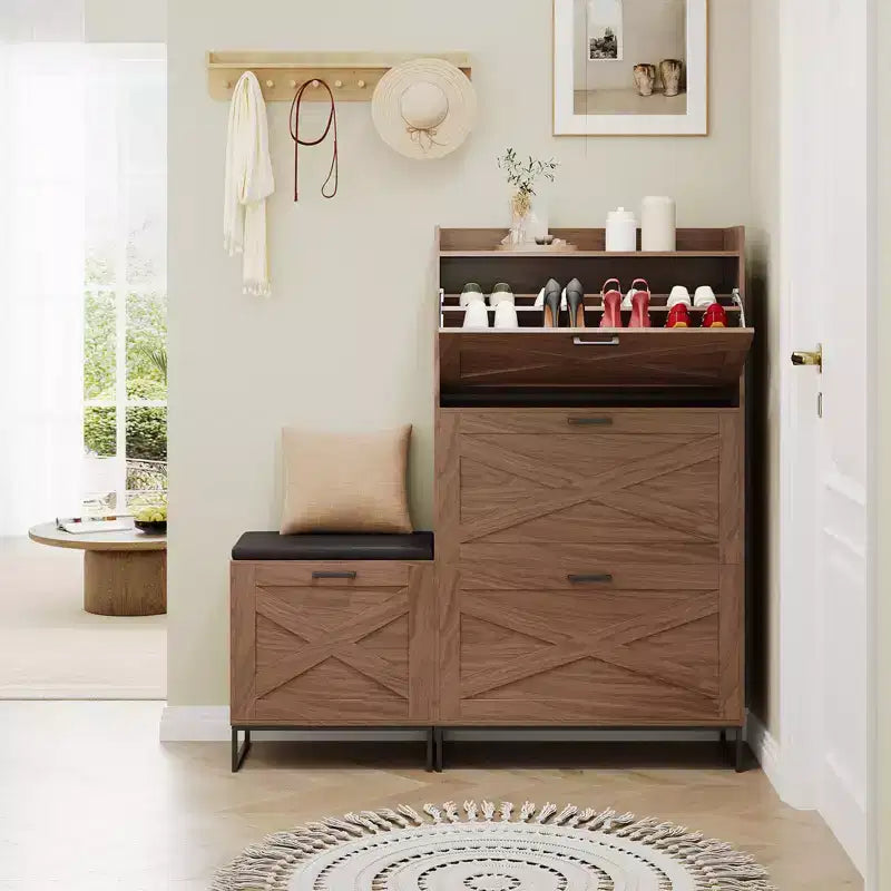 Hidden Shoe Storage with 4 Flip Drawers, Wooden Shoe Organizer Cabinet with Farmhouse Doors Brown
