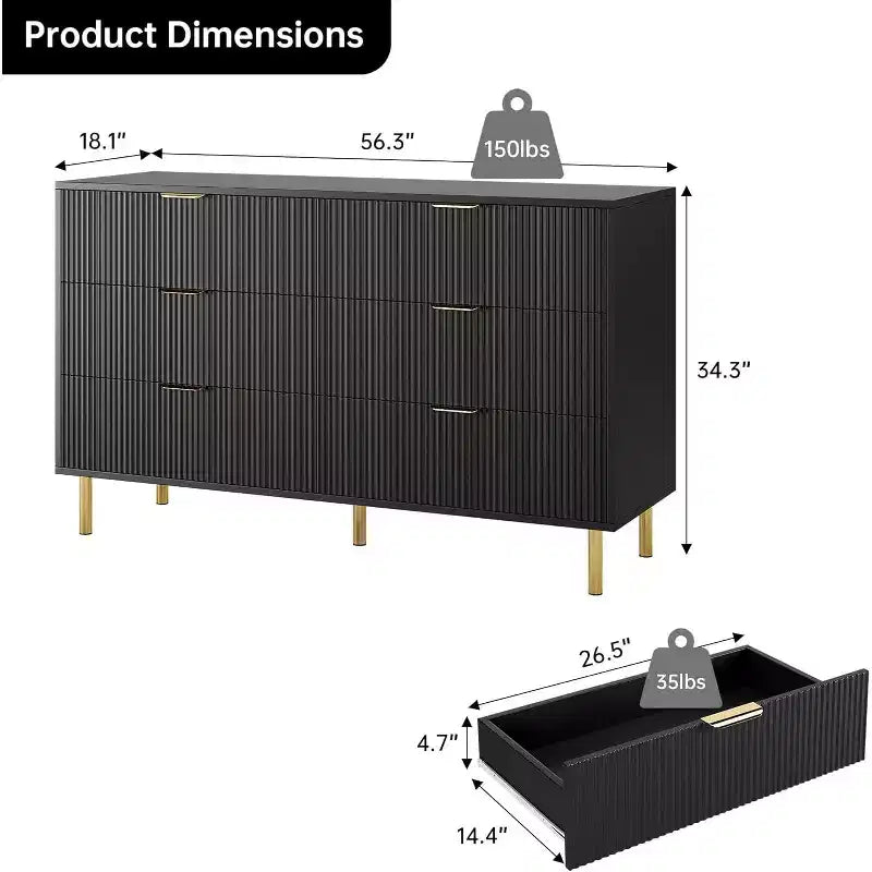 Inner Arc Vacuum-Formed 6-Drawer Cabinet, Black, Rounded Corners, Safe & Durable, Clothes Storage for Bedroom