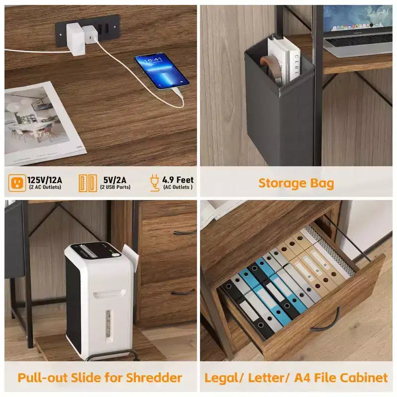 File Cabinet, Filing Cabinet Fits Letter/a4 Size, 2 Drawe File Cabinets for Home Office with Power Strip, LED Lights, Open Shelf