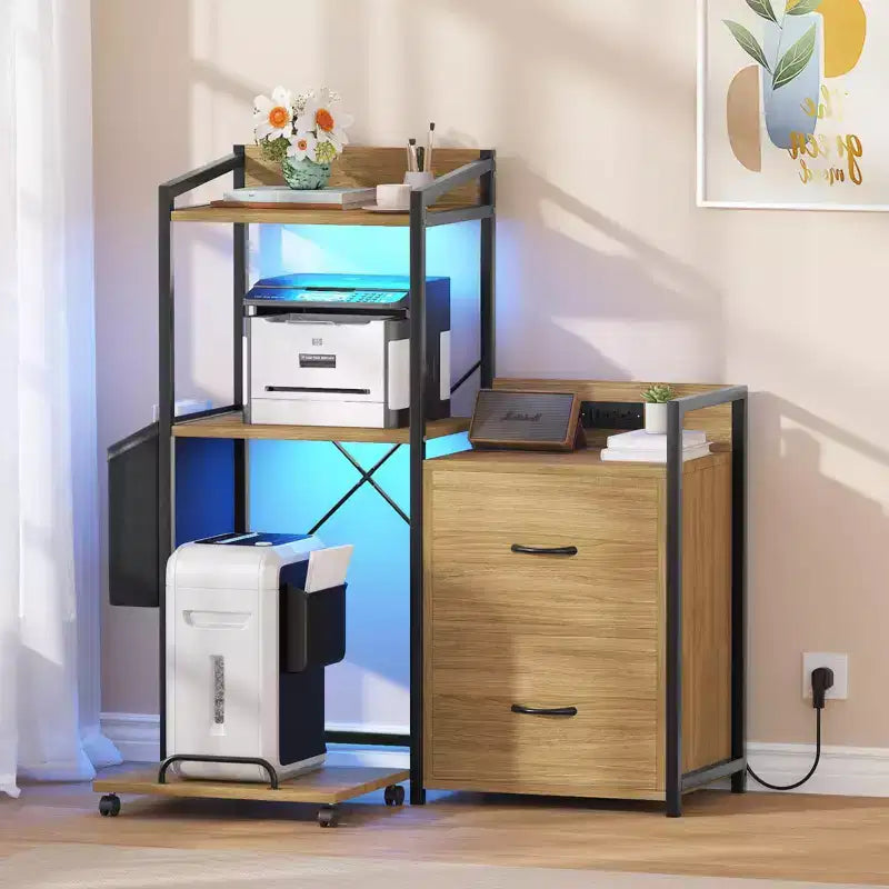 File Cabinet, Filing Cabinet Fits Letter/a4 Size, 2 Drawe File Cabinets for Home Office with Power Strip, LED Lights, Open Shelf