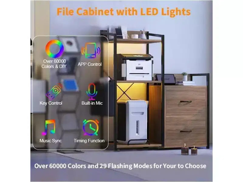 File Cabinet, Filing Cabinet Fits Letter/a4 Size, 2 Drawe File Cabinets for Home Office with Power Strip, LED Lights, Open Shelf