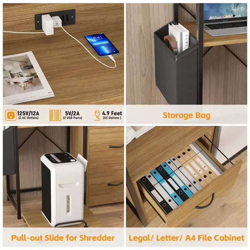 File Cabinet, Filing Cabinet Fits Letter/a4 Size, 2 Drawe File Cabinets for Home Office with Power Strip, LED Lights, Open Shelf