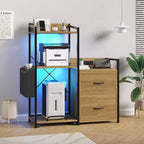 File Cabinet, Filing Cabinet Fits Letter/a4 Size, 2 Drawe File Cabinets for Home Office with Power Strip, LED Lights, Open Shelf