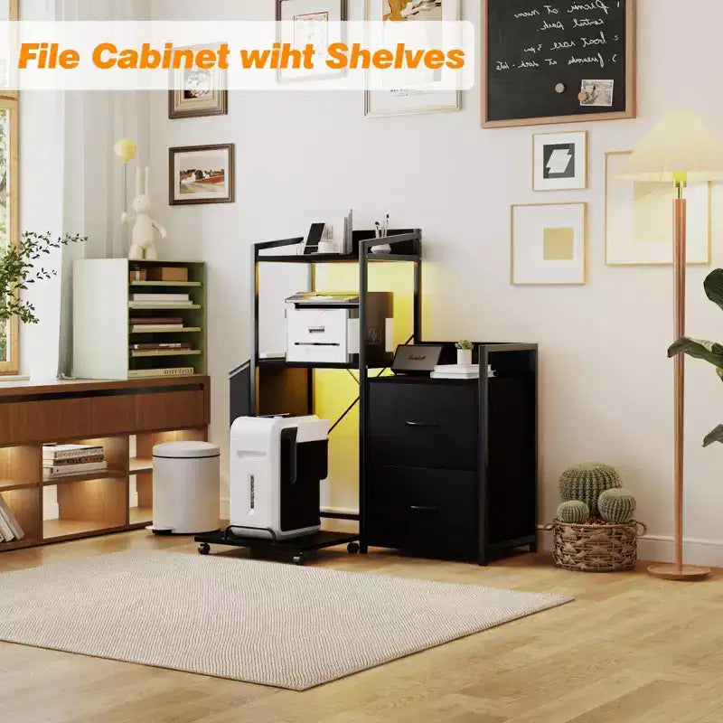 File Cabinet, Filing Cabinet Fits Letter/a4 Size, 2 Drawe File Cabinets for Home Office with Power Strip, LED Lights, Open Shelf