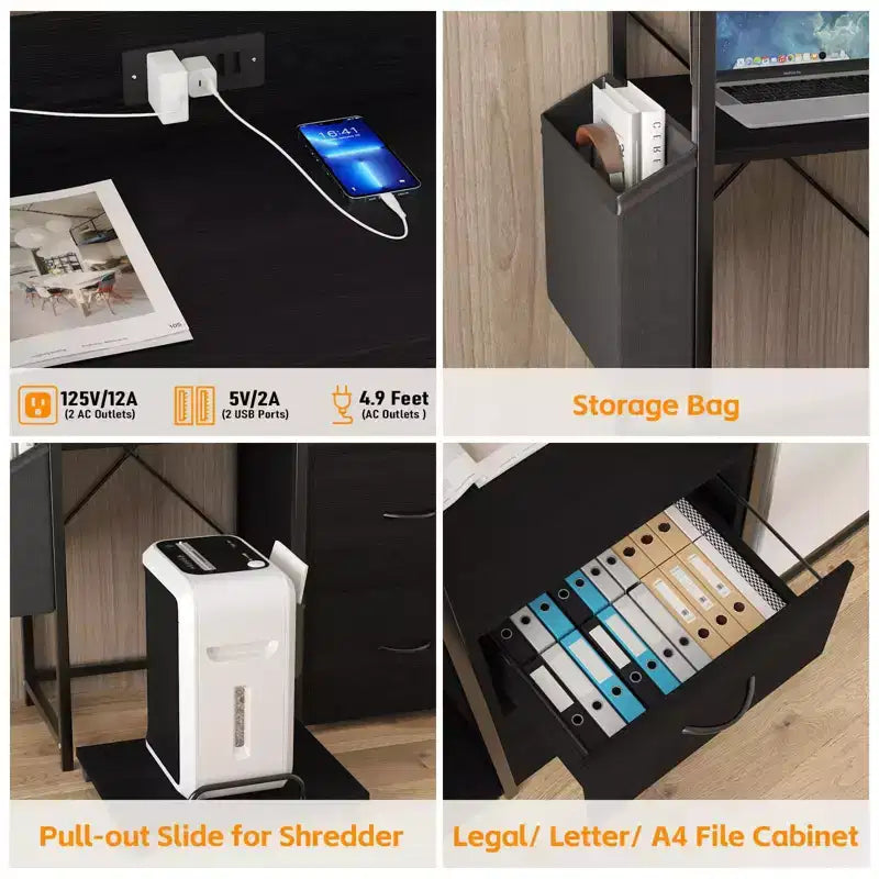File Cabinet, Filing Cabinet Fits Letter/a4 Size, 2 Drawe File Cabinets for Home Office with Power Strip, LED Lights, Open Shelf
