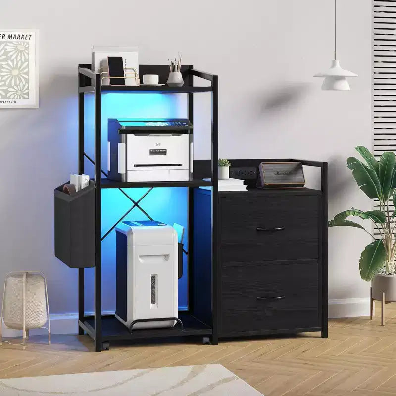 File Cabinet, Filing Cabinet Fits Letter/a4 Size, 2 Drawe File Cabinets for Home Office with Power Strip, LED Lights, Open Shelf