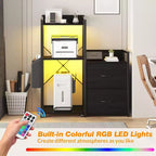 File Cabinet, Filing Cabinet Fits Letter/a4 Size, 2 Drawe File Cabinets for Home Office with Power Strip, LED Lights, Open Shelf