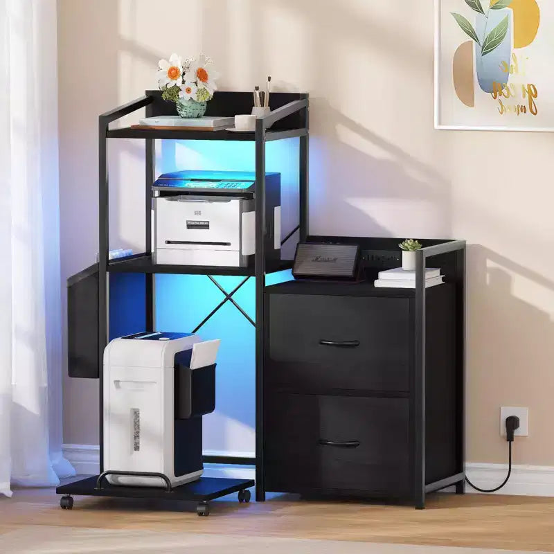 File Cabinet, Filing Cabinet Fits Letter/a4 Size, 2 Drawe File Cabinets for Home Office with Power Strip, LED Lights, Open Shelf