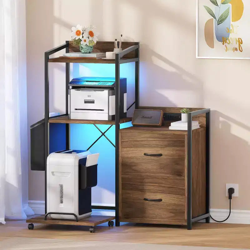 File Cabinet, Filing Cabinet Fits Letter/a4 Size, 2 Drawe File Cabinets for Home Office with Power Strip, LED Lights, Open Shelf