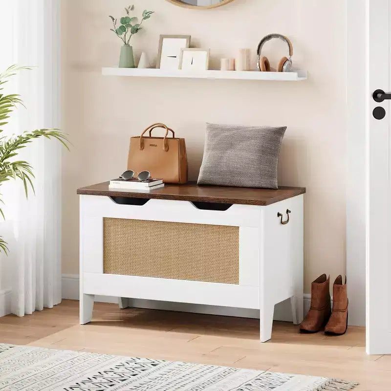 Storage Chest, 30 Rattan Storage Bench with Safety Hinge, Flip Top Blanket Chest Trunks, Supports 350 Lb, for Entryway, Living Room, Bedroom