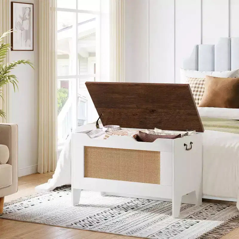 Storage Chest, 30 Rattan Storage Bench with Safety Hinge, Flip Top Blanket Chest Trunks, Supports 350 Lb, for Entryway, Living Room, Bedroom