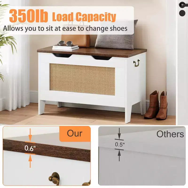 Storage Chest, 30 Rattan Storage Bench with Safety Hinge, Flip Top Blanket Chest Trunks, Supports 350 Lb, for Entryway, Living Room, Bedroom