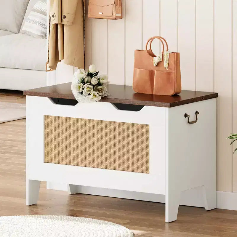 Storage Chest, 30 Rattan Storage Bench with Safety Hinge, Flip Top Blanket Chest Trunks, Supports 350 Lb, for Entryway, Living Room, Bedroom