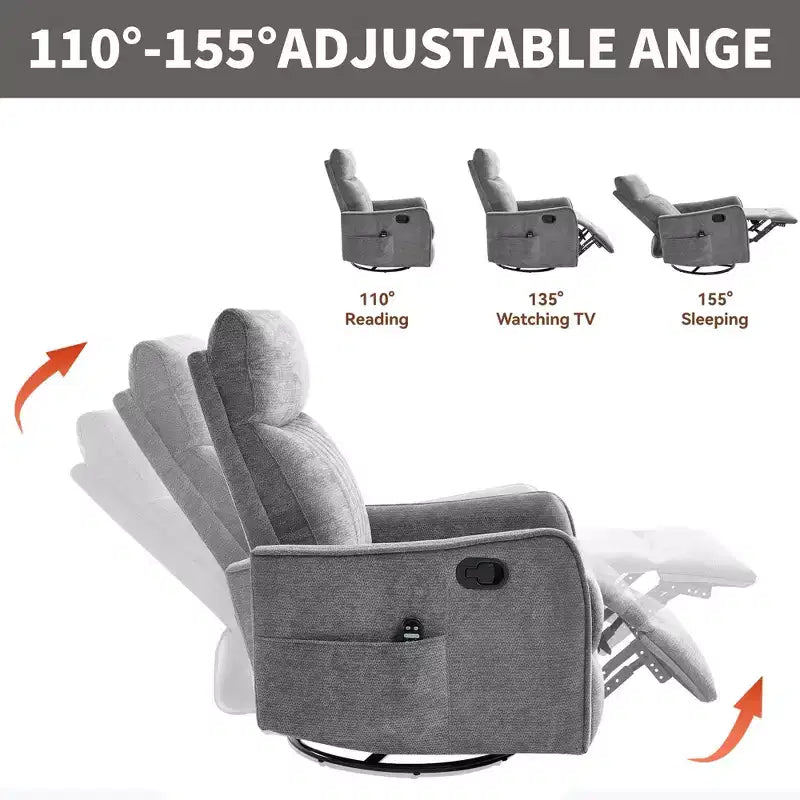 Orange Chenille Heat Massage Manual Recliner Chair with Rocker and Swivel in Fabric for Living Room