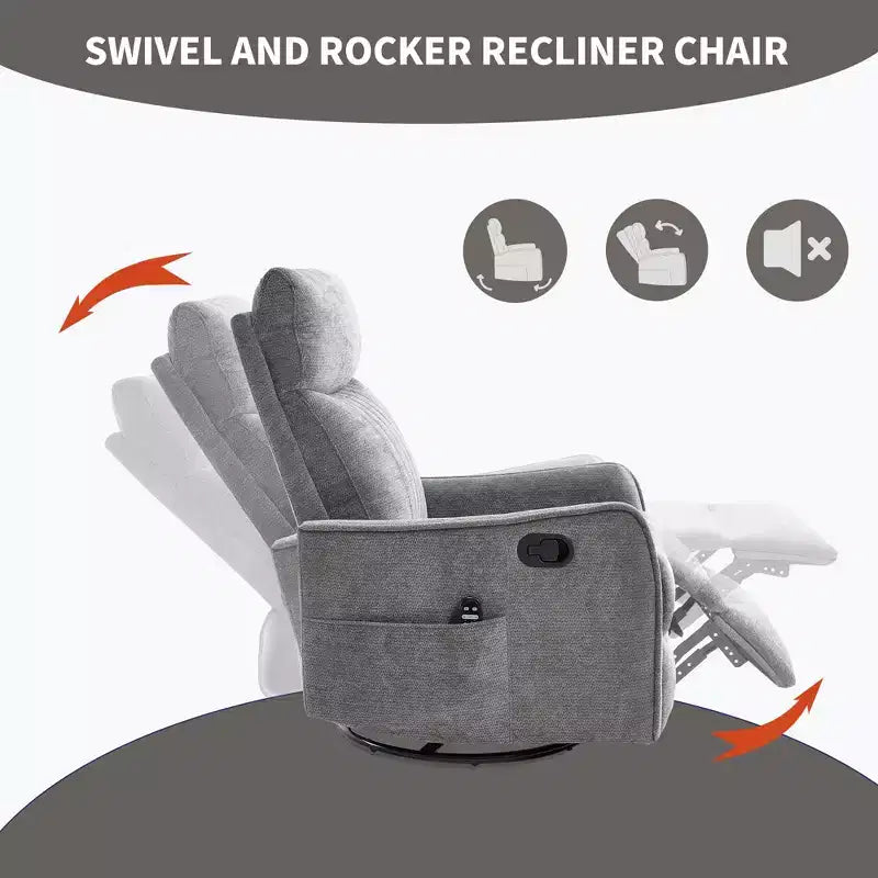 Orange Chenille Heat Massage Manual Recliner Chair with Rocker and Swivel in Fabric for Living Room