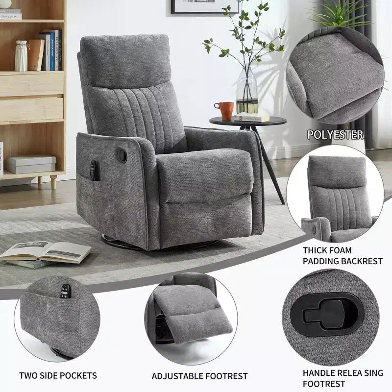 Orange Chenille Heat Massage Manual Recliner Chair with Rocker and Swivel in Fabric for Living Room