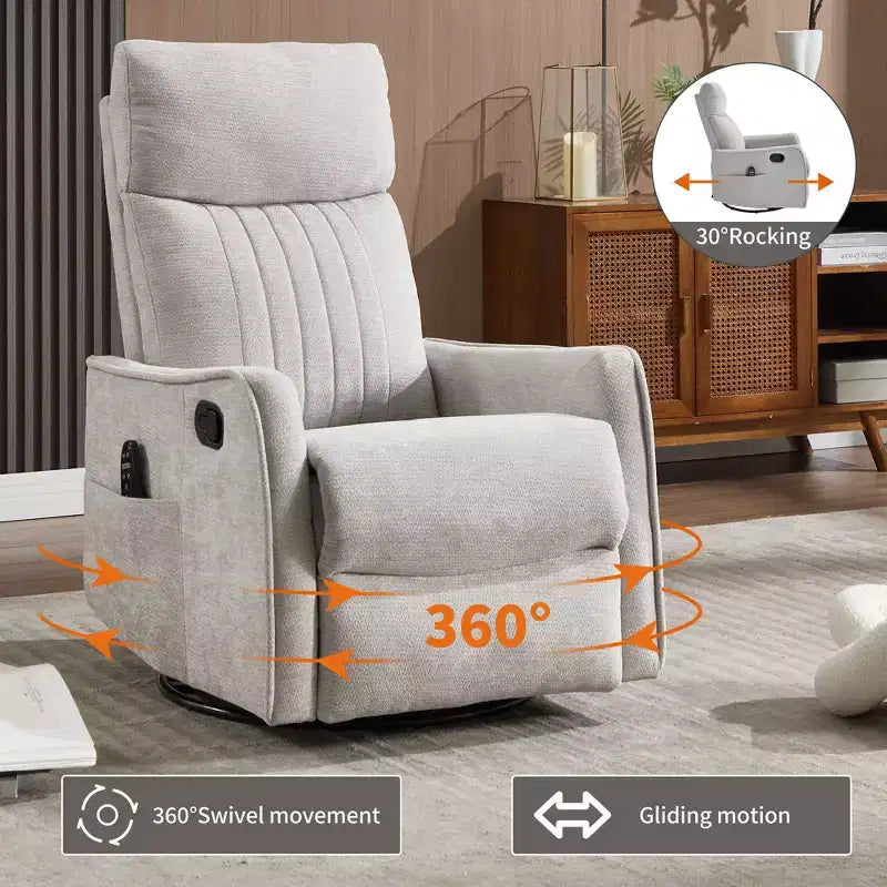 Orange Chenille Heat Massage Manual Recliner Chair with Rocker and Swivel in Fabric for Living Room