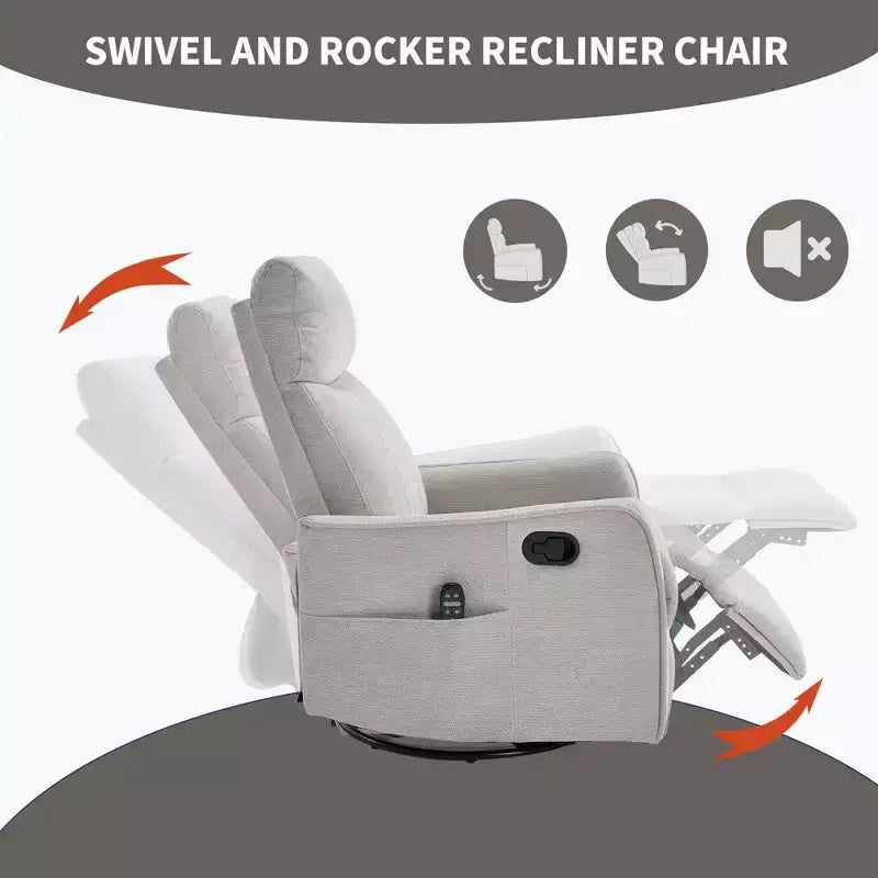 Orange Chenille Heat Massage Manual Recliner Chair with Rocker and Swivel in Fabric for Living Room