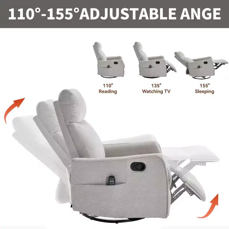 Orange Chenille Heat Massage Manual Recliner Chair with Rocker and Swivel in Fabric for Living Room