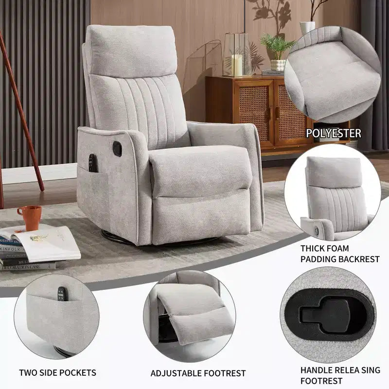 Orange Chenille Heat Massage Manual Recliner Chair with Rocker and Swivel in Fabric for Living Room