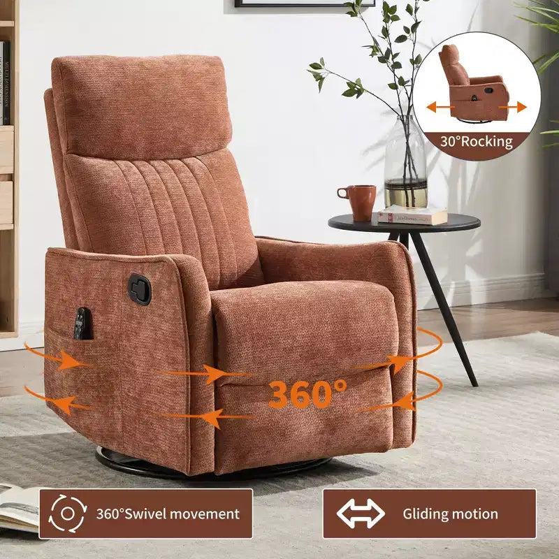 Orange Chenille Heat Massage Manual Recliner Chair with Rocker and Swivel in Fabric for Living Room