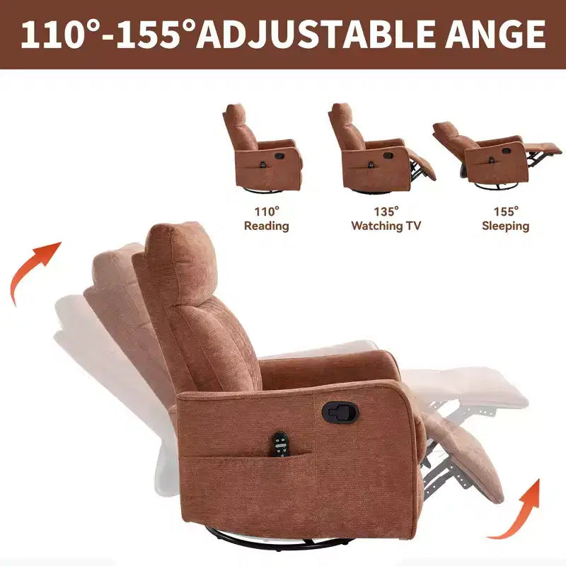 Orange Chenille Heat Massage Manual Recliner Chair with Rocker and Swivel in Fabric for Living Room