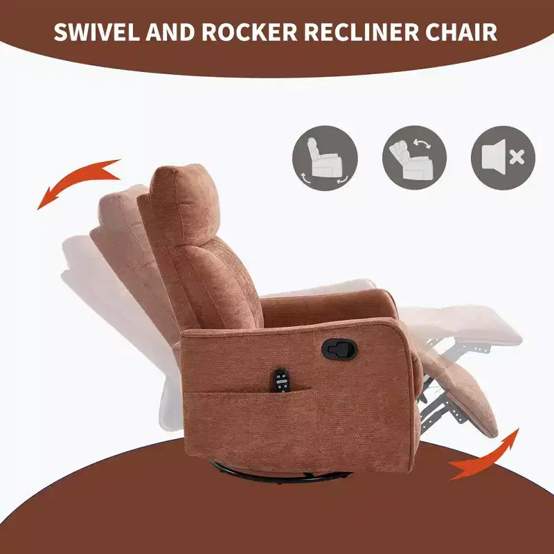 Orange Chenille Heat Massage Manual Recliner Chair with Rocker and Swivel in Fabric for Living Room
