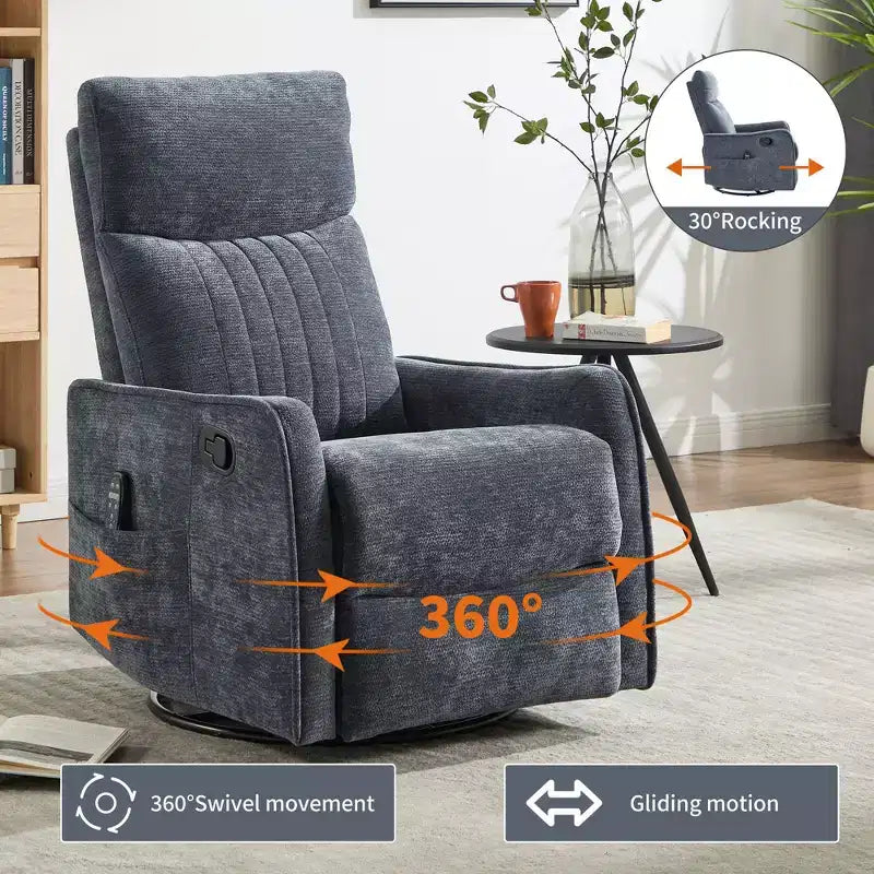 Orange Chenille Heat Massage Manual Recliner Chair with Rocker and Swivel in Fabric for Living Room