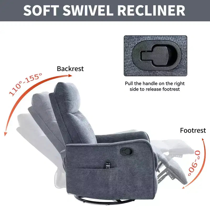Orange Chenille Heat Massage Manual Recliner Chair with Rocker and Swivel in Fabric for Living Room
