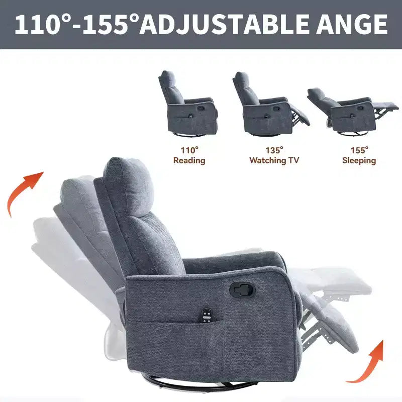 Orange Chenille Heat Massage Manual Recliner Chair with Rocker and Swivel in Fabric for Living Room