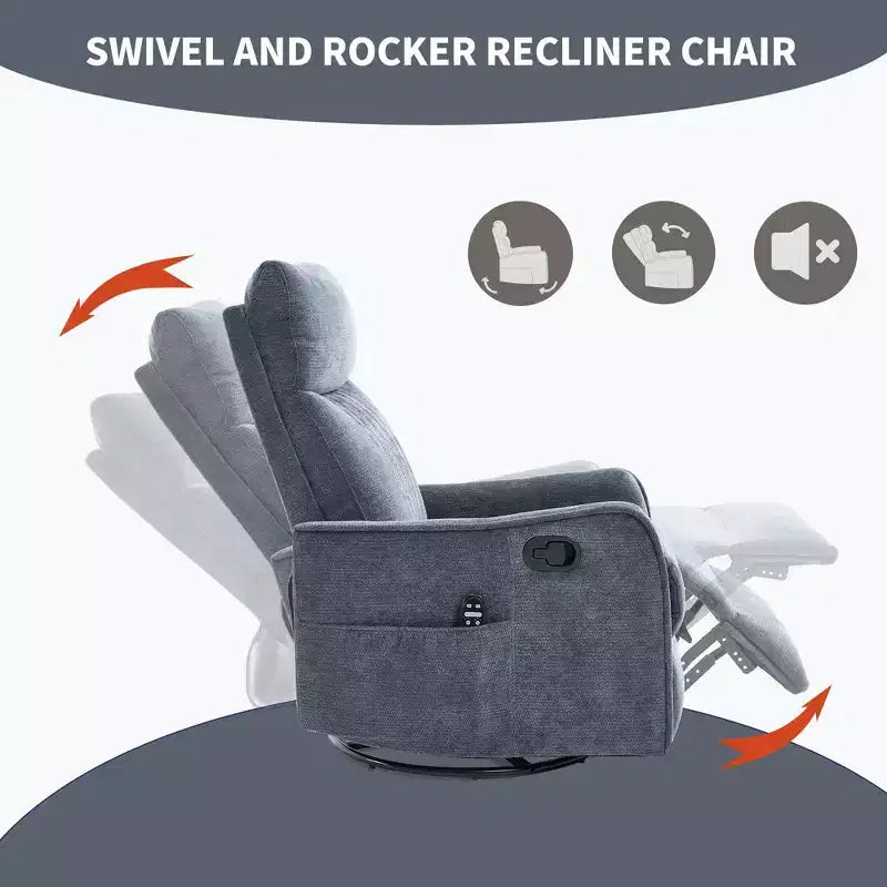 Orange Chenille Heat Massage Manual Recliner Chair with Rocker and Swivel in Fabric for Living Room