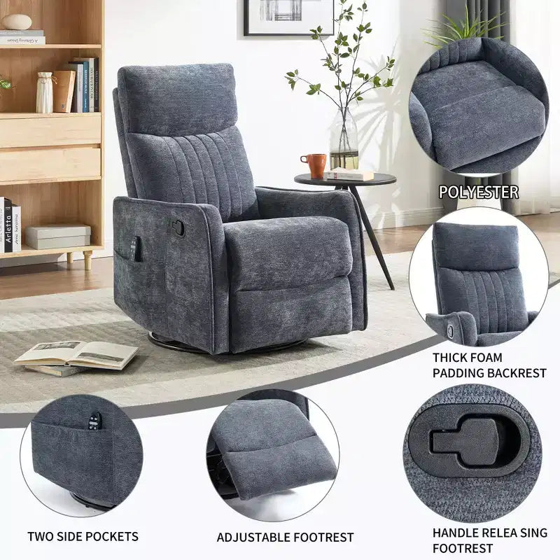 Orange Chenille Heat Massage Manual Recliner Chair with Rocker and Swivel in Fabric for Living Room