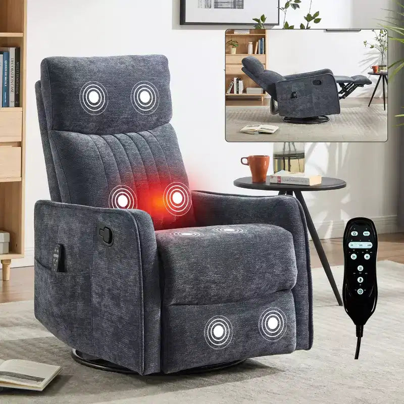Orange Chenille Heat Massage Manual Recliner Chair with Rocker and Swivel in Fabric for Living Room