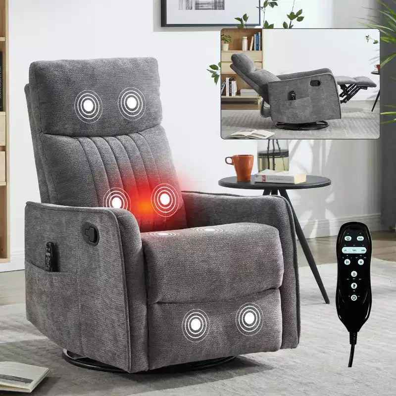 Orange Chenille Heat Massage Manual Recliner Chair with Rocker and Swivel in Fabric for Living Room
