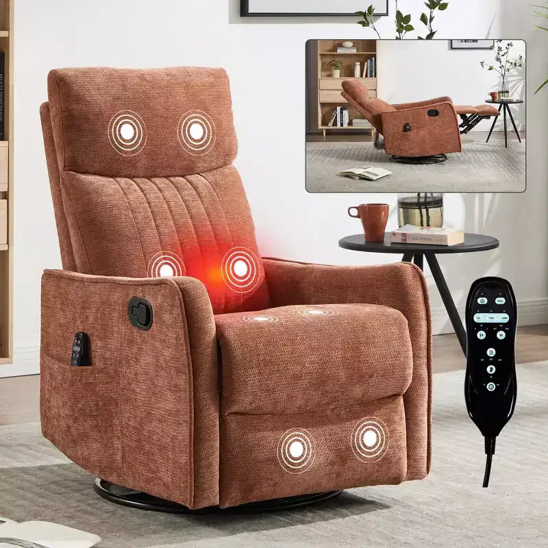 Orange Chenille Heat Massage Manual Recliner Chair with Rocker and Swivel in Fabric for Living Room