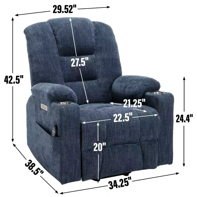 Gray Chenille Large Power Lift Recliner Chair with Massage and Heat 2 Steel Cup Holders for Elderly