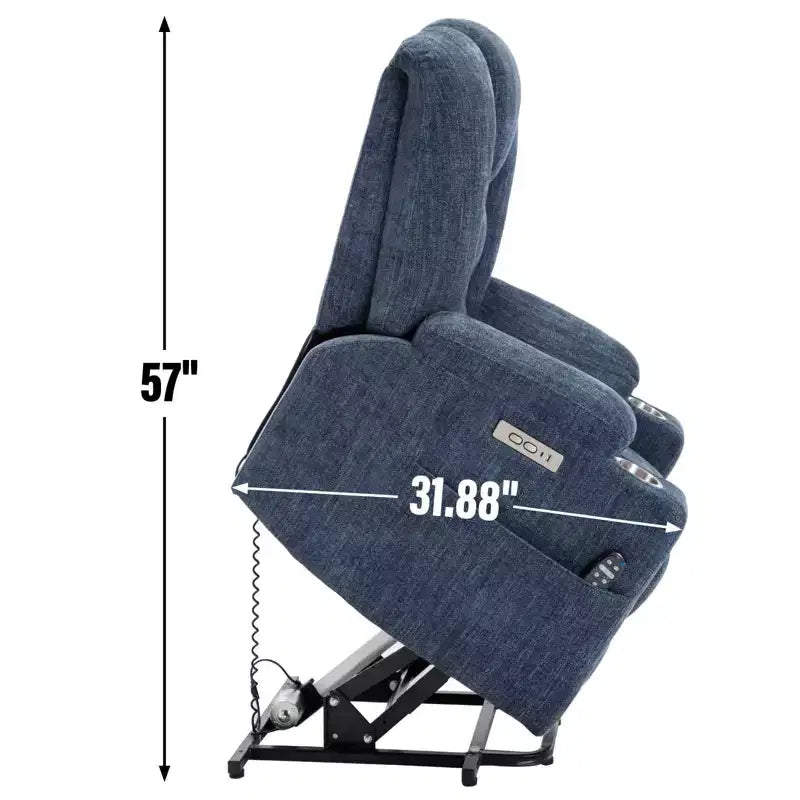 Gray Chenille Large Power Lift Recliner Chair with Massage and Heat 2 Steel Cup Holders for Elderly