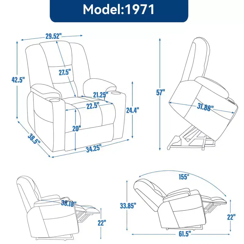 Gray Chenille Large Power Lift Recliner Chair with Massage and Heat 2 Steel Cup Holders for Elderly