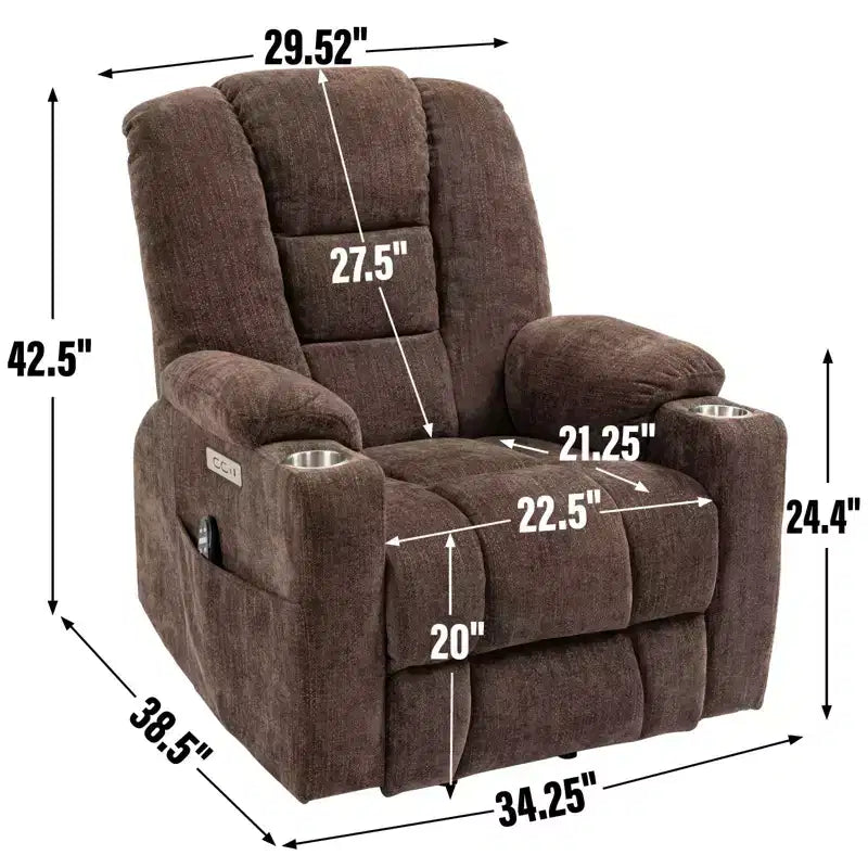 Gray Chenille Large Power Lift Recliner Chair with Massage and Heat 2 Steel Cup Holders for Elderly