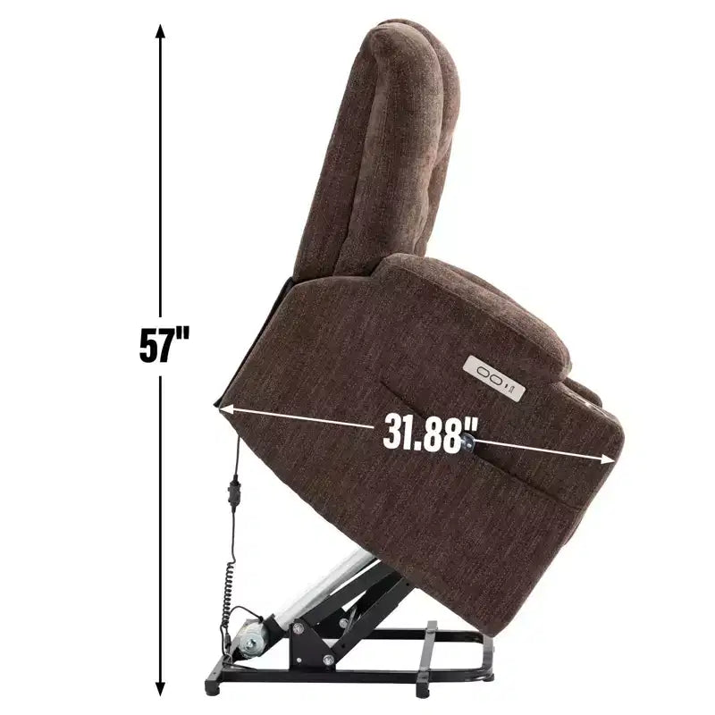Gray Chenille Large Power Lift Recliner Chair with Massage and Heat 2 Steel Cup Holders for Elderly