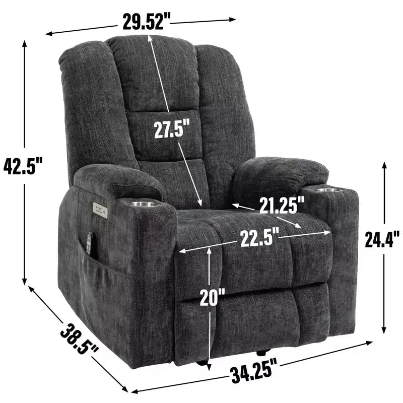 Gray Chenille Large Power Lift Recliner Chair with Massage and Heat 2 Steel Cup Holders for Elderly