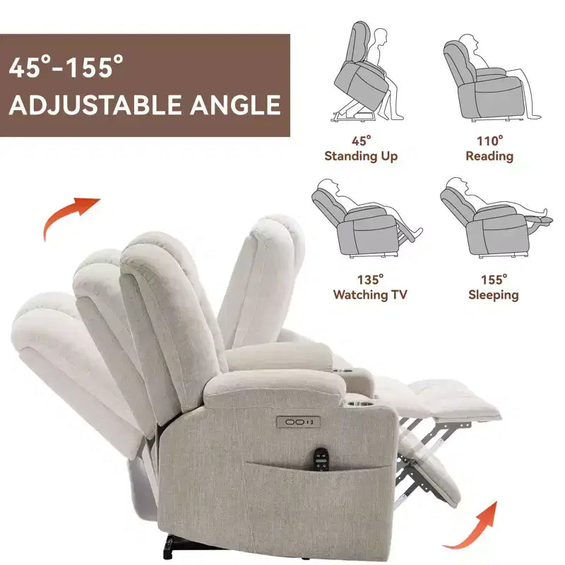 Gray Chenille Large Power Lift Recliner Chair with Massage and Heat 2 Steel Cup Holders for Elderly